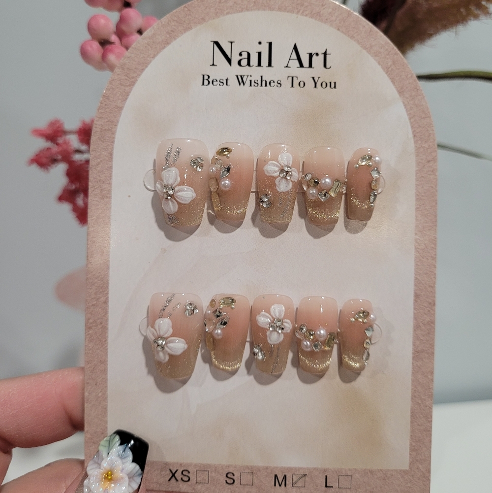 Gold French Tip with White Flower Press On nails